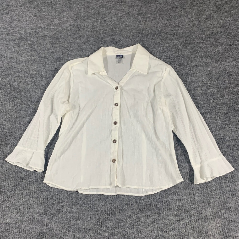 Patagonia Shirt Womens 12 White Organic Cotton Crinkle Gauze Flared Cuff Top